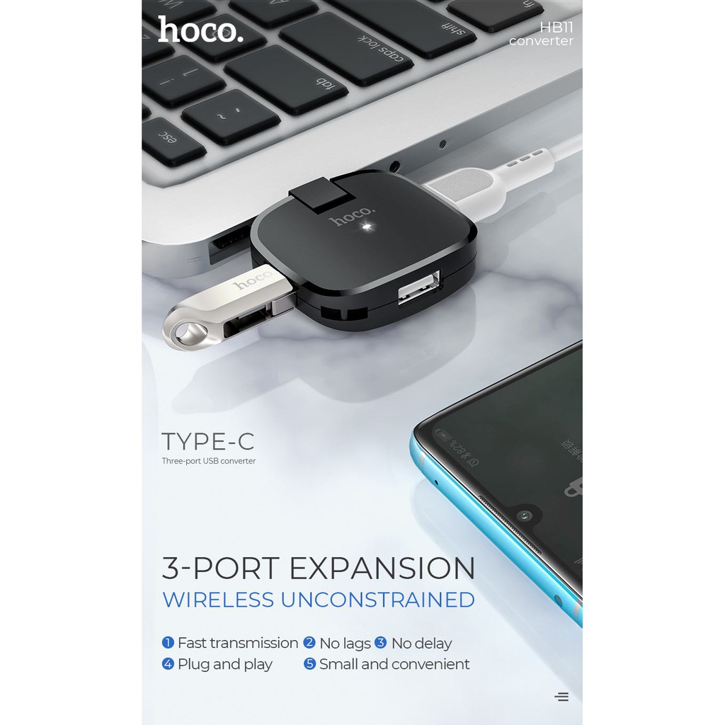 [Mã 2404EL10K giảm 10K đơn 20K] Hub chia ổ USB TYPE C ra 3 USB chính hãng Hoco HB11 - Bảo hành 12 tháng