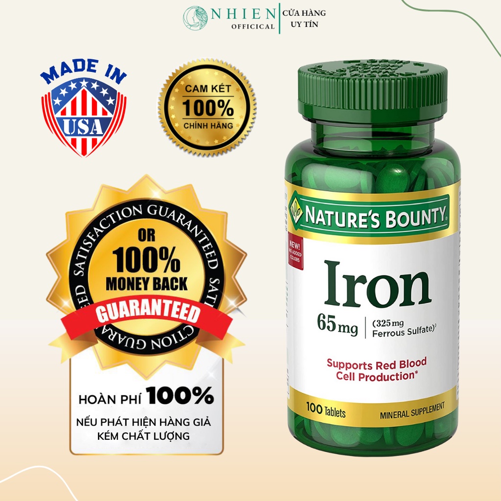 Viên uống sắt Iron 65mg bổ máu, giảm đau đầu, chóng mặt do thiếu máu 100 viên