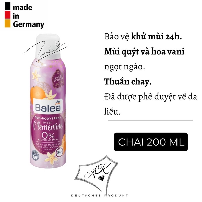 Xịt khử mùi, xịt thơm toàn thân Balea 200ml