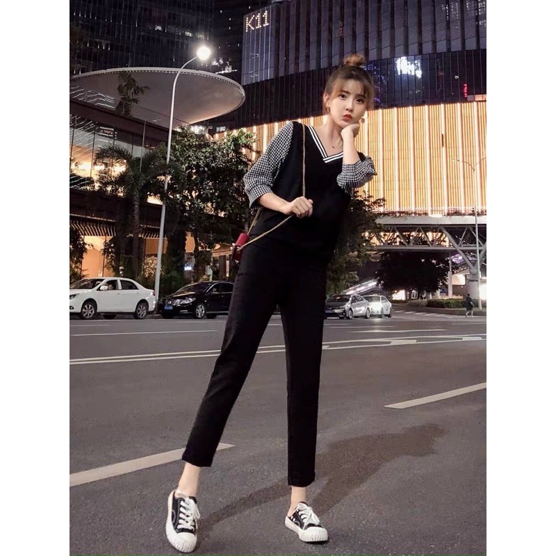 Sét bộ cổ tim phối tay caro Bigsize 60-90 ký, thời trang nữ dành cho khách ngoại cỡ