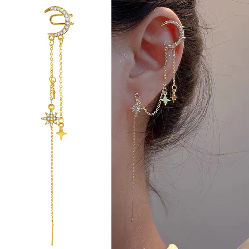 Khuyên Kẹp Vành Tai Dáng Dài Hình Mặt Trăng Ngôi Sao Đơn Giản Thời Trang Cho Nữ
