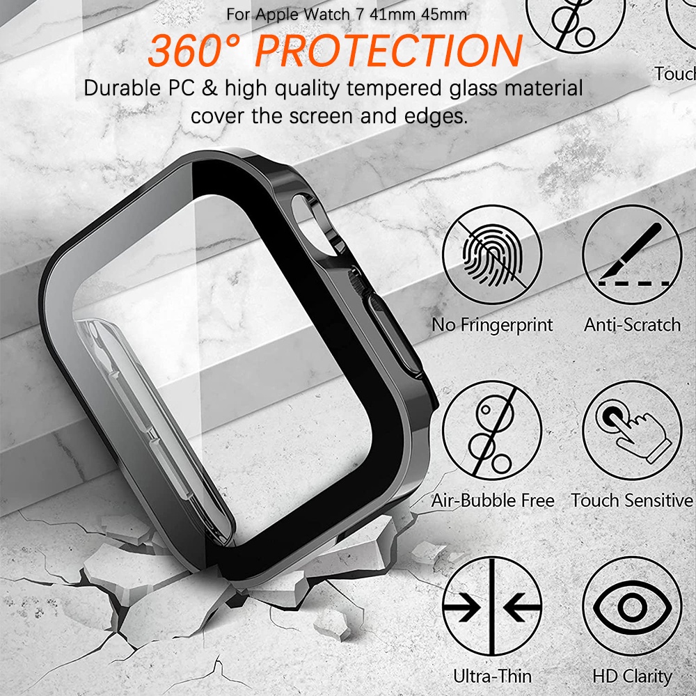 Ninki Ốp Bảo Vệ Bằng PC Cứng + Kính Cường Lực Bảo Vệ Màn Hình Cho Apple Watch Series 8/7 41mm 45mm, Full Protective Tempered Glass Film Hard PC Bumper Straight Edge Cover for iWatch 8/7 41/45mm