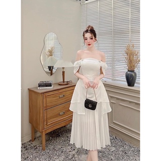 Váy lụa trễ vai dập ly