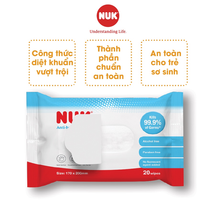 Khăn ướt diệt khuẩn NUK không cồn an toàn cho trẻ sơ sinh chứng nhận SGS (3góix80c)