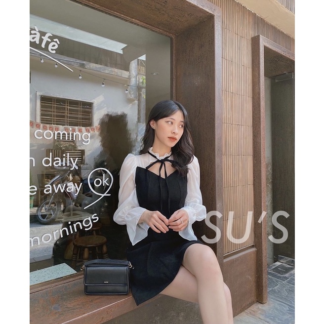 Đầm nhung tăm phối tay dài lụa trắng Váy nhung tăm xinh xắn dài tay . Váy trắng thiết kế, Váy trắng hở vai tay bồng | BigBuy360 - bigbuy360.vn