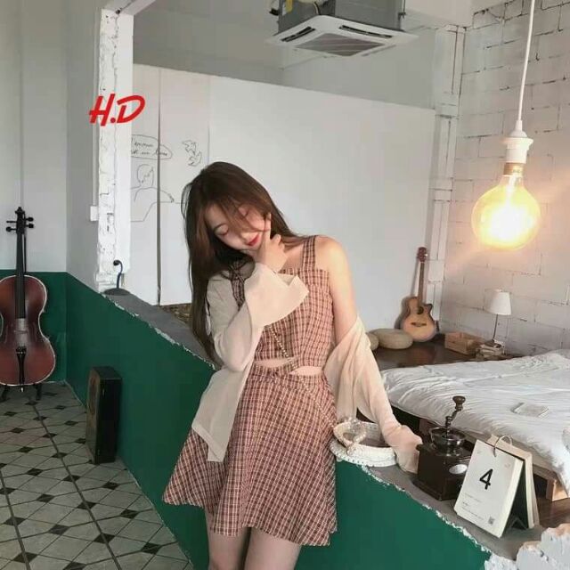 Set áo dây váy kẻ kèm ảnh thật của sp