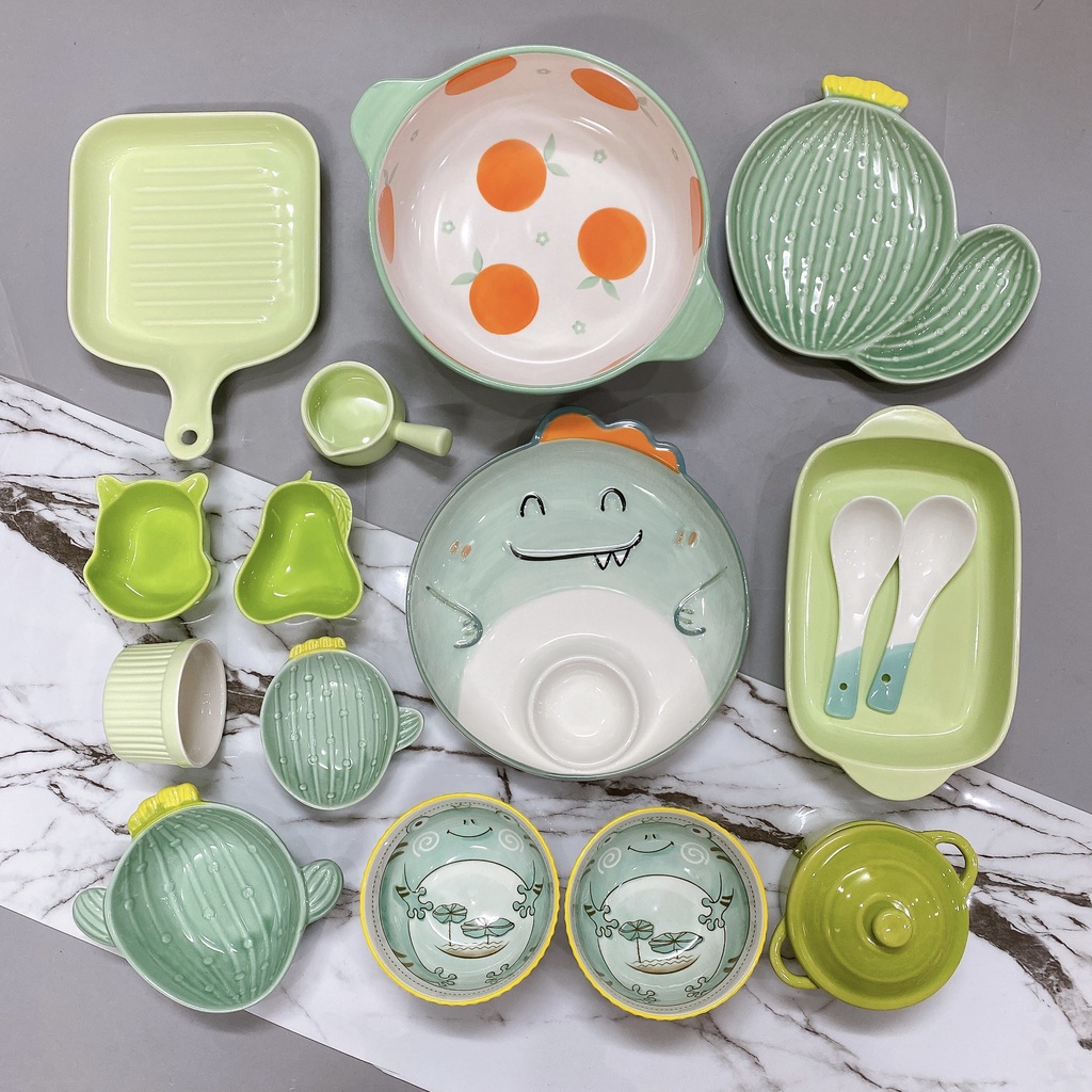 SEt 16 món bát đĩa màu xanh cực xinh