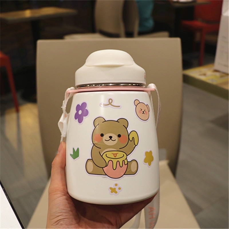 [ Có dây đeo, ống hút, sticker] Bình nước giữ nhiệt cute có sticker và ống hút - Bình giữ nhiệt 80ml cho bé inox 304 xịn