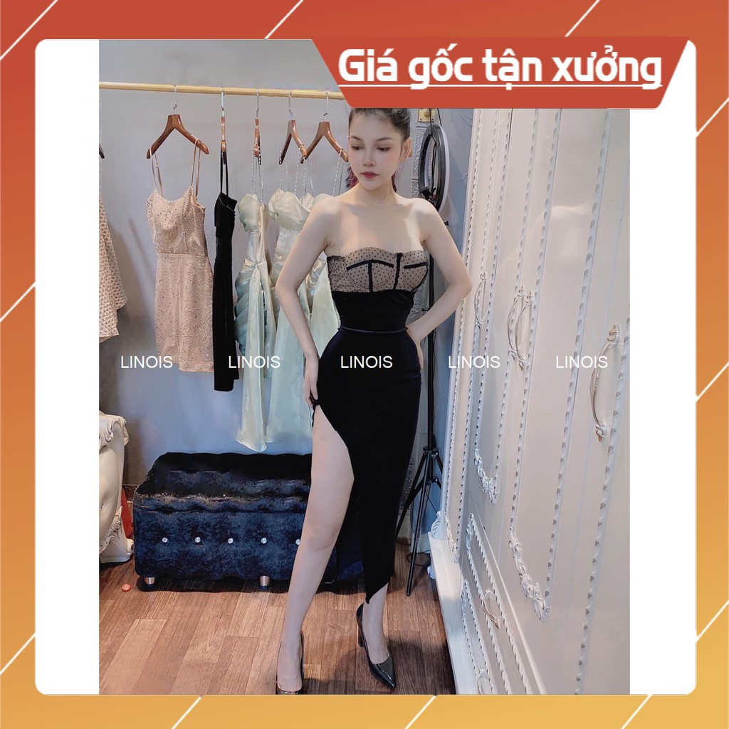 Đầm Body Nhung Bo Eo, Xẻ Tà, Cúp Ngực Họa Tiết Chấm Bi - Vải Nhung - Màu Đen - Dành Cho Nàng Đi Tiệc - ẢNH THẬT