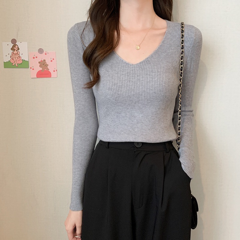 Áo len tăm cổ tim nữ tính, áo len mỏng cổ V ôm body siêu chất | BigBuy360 - bigbuy360.vn