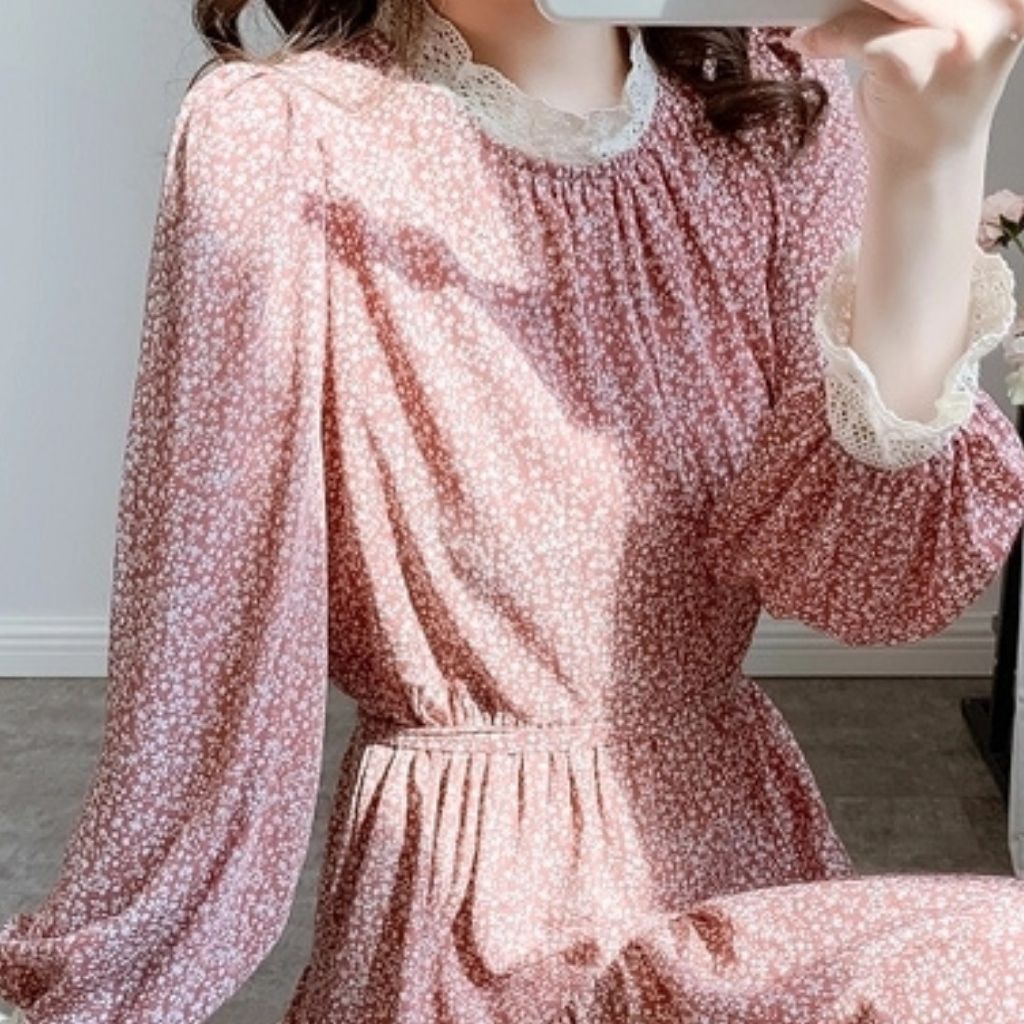 Đầm bầu dài tay hoa nhí M151 chất lụa hoa thời trang thiết kế freesize