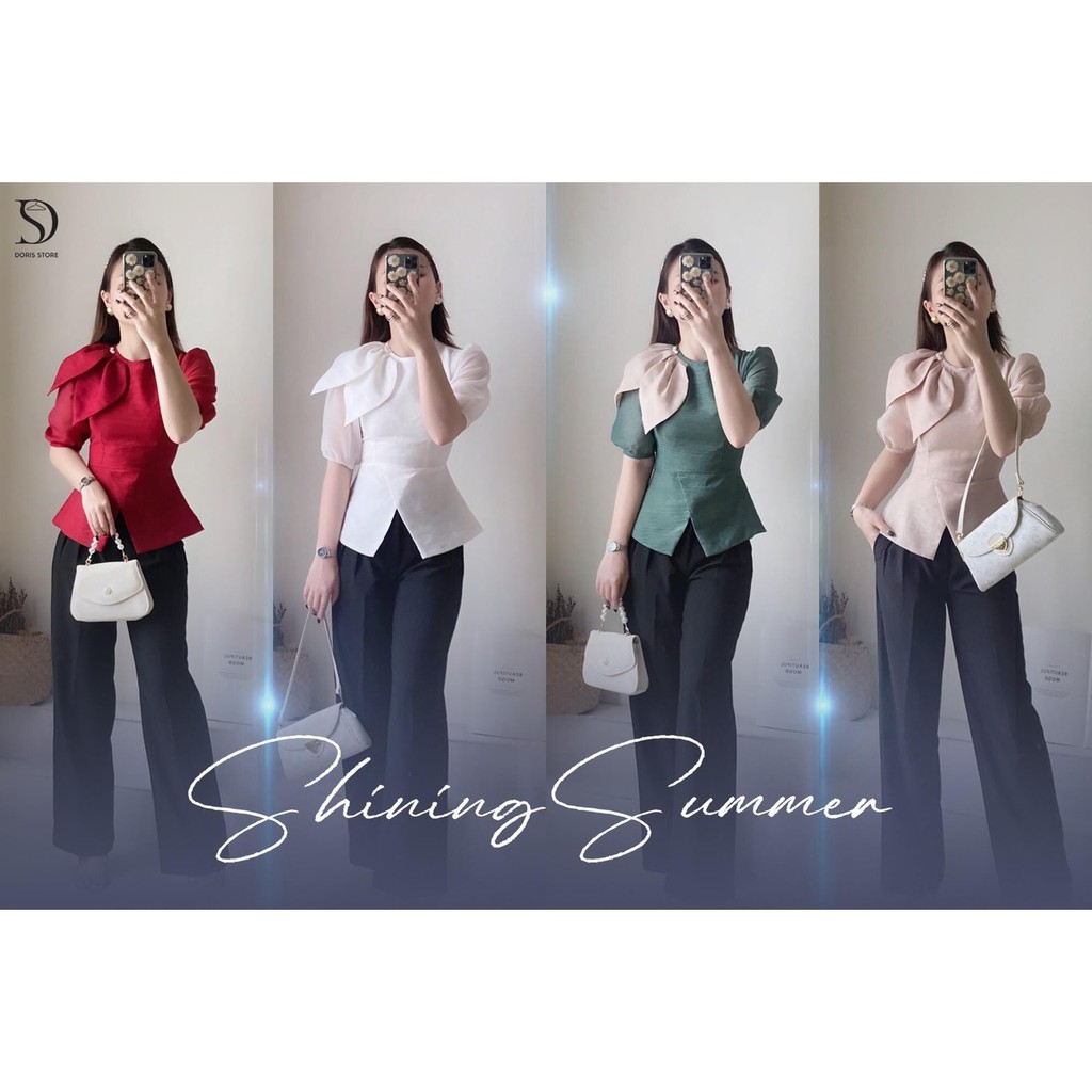 Áo sơ mi công sở nữ dáng peplum ôm người vải tơ xước cổ lá nhọn