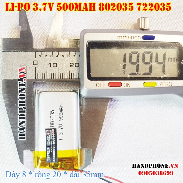 Pin sạc Li-Po 3.7V 500mAh 802035 722035 (Lithium Polyme) cho điện thoại, loa bluetooth, camera hành trình, khoá vân tay