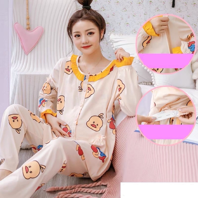 Bộ bầu - sau sinh mặc nhà - cho con bú - 2 chức năng - chất liệu cotton ( Qủa dâu chấm sọc - Dài )