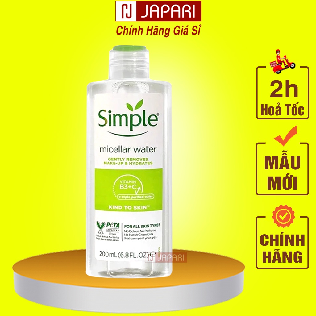 Nước Tẩy Trang Simple 200ml CHÍNH HÃNG Cho Da Dầu Mụn,Da Nhạy Cảm, Khô - Tẩy Trang Simple Micellar JAPARI