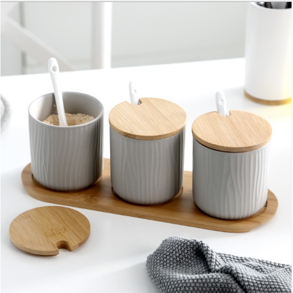 Bộ 3 hũ đựng gia vị bằng gốm sứ màu siêu tối giản tặng kèm khay