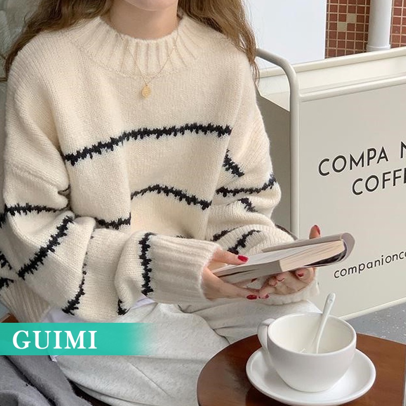 Áo len NZN dày dặn dáng rộng kẻ sọc cổ điển thu đông mới