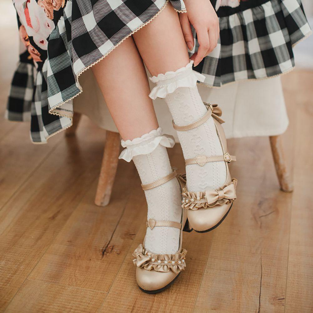 IVORY Vớ Cotton Cổ Trung Mềm Mại Màu Trơn Phối Bèo Dễ Thương Cho Nữ