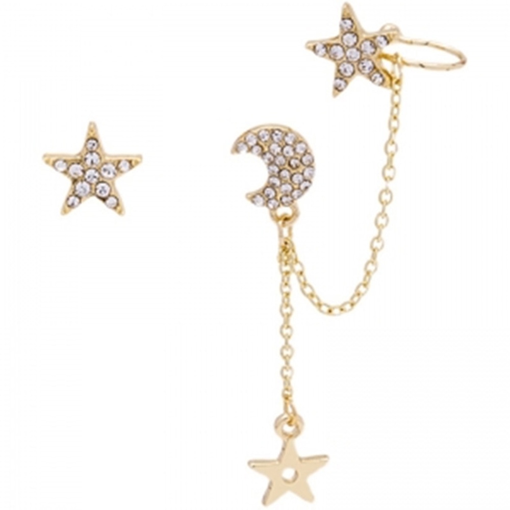 Thời Trang Set Khuyên Tai Hình Trăng Sao Đính Đá Pha Lê
