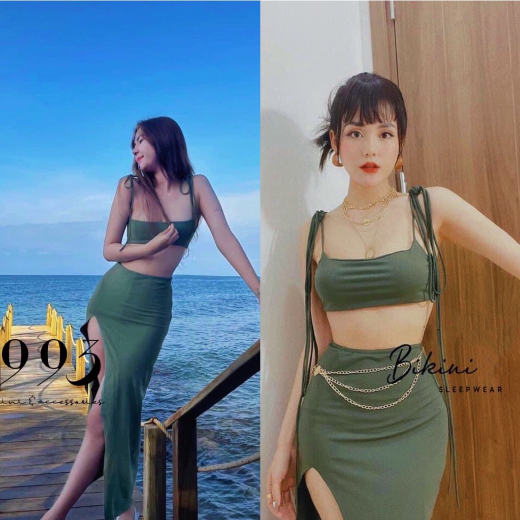 Set bikini đi biển kèm váy dài xanh rêu xẻ đùi siêu xinh S11
