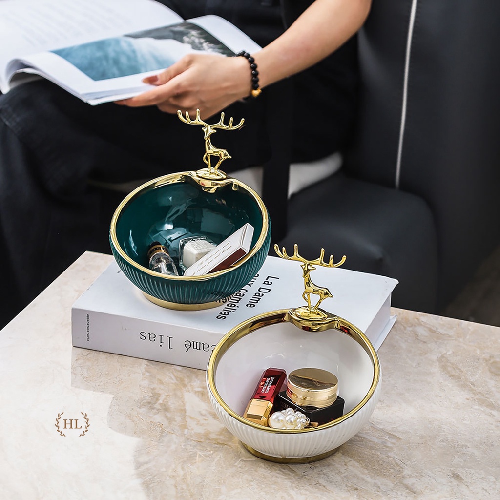 Bát Sứ Đựng Kẹo - Chìa Khóa - Phụ Kiện Decor 2023| Âu Sứ Decor Kẻ Vàng Kim Vân Nổi Hình Hươu Mạ Vàng ( Hàng Có Sẵn )
