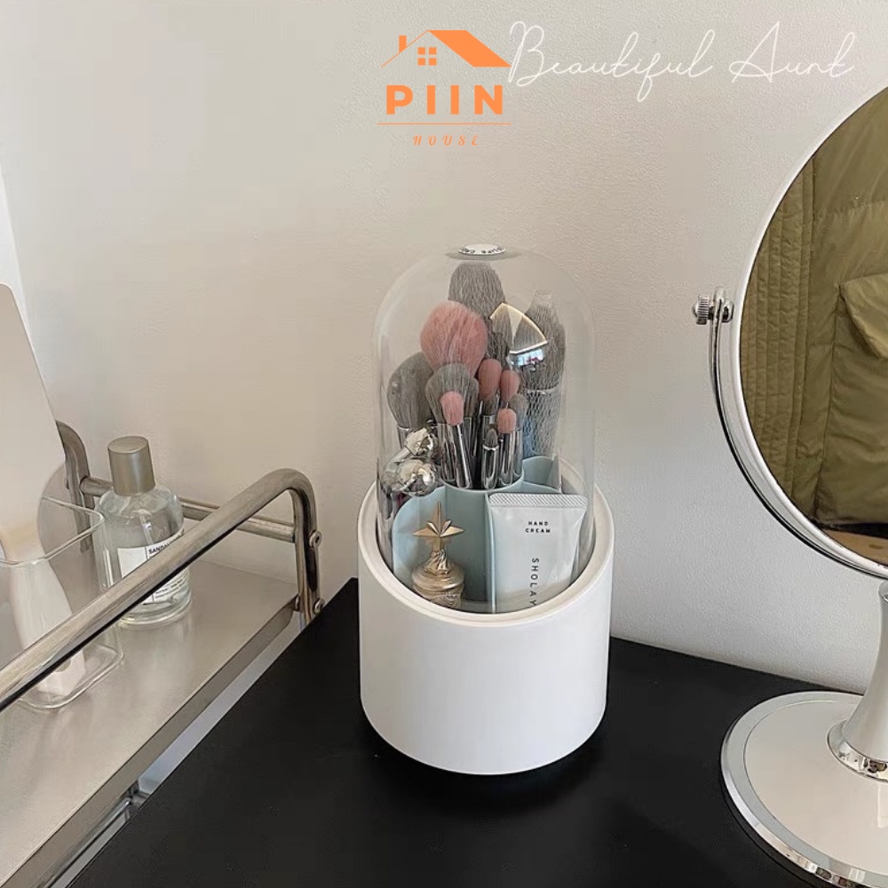 Khay đựng cọ trang điểm xoay 360 độ PIIN HOUSE có nắp đậy màu trắng, 6 ngăn chứa dụng cụ make up