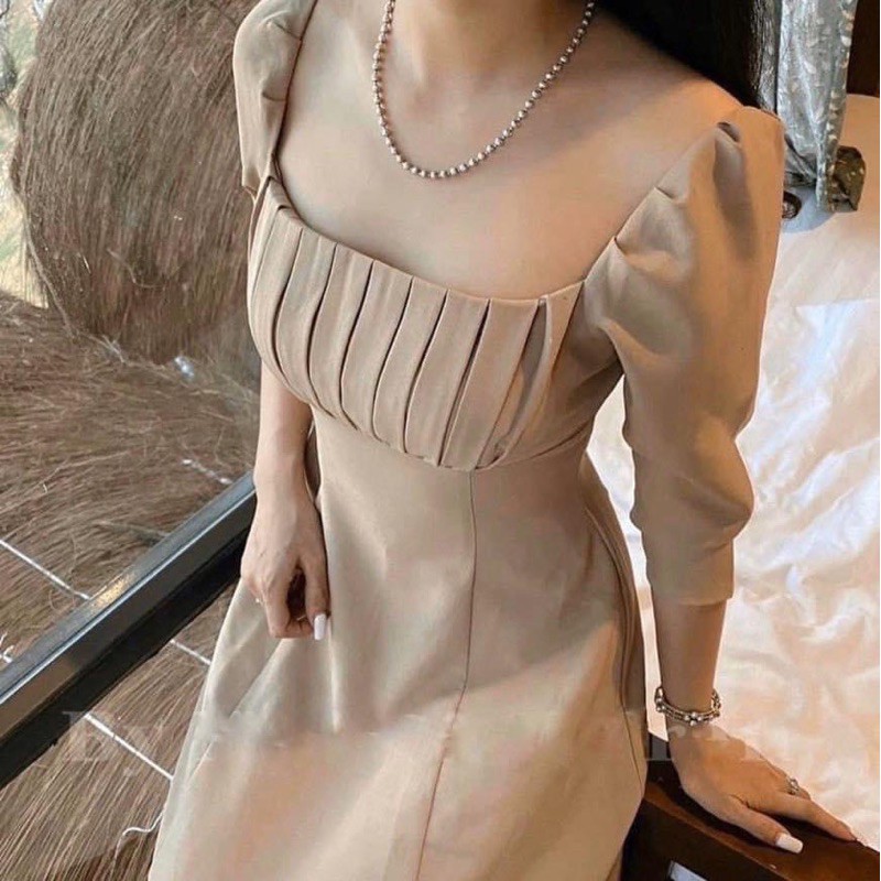 [Mã WASTMAY giảm 15% tối đa 30K đơn 150K] Đầm nude cổ vuông xếp li tay lửng vintage | BigBuy360 - bigbuy360.vn