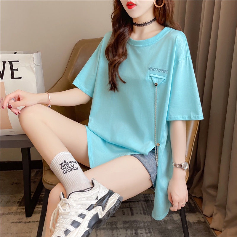 áo phông nữ from rộng xẻ tà chất cotton co giãn thiết kế mới lạ đường may tỷ mỉ size đến 70kg | BigBuy360 - bigbuy360.vn