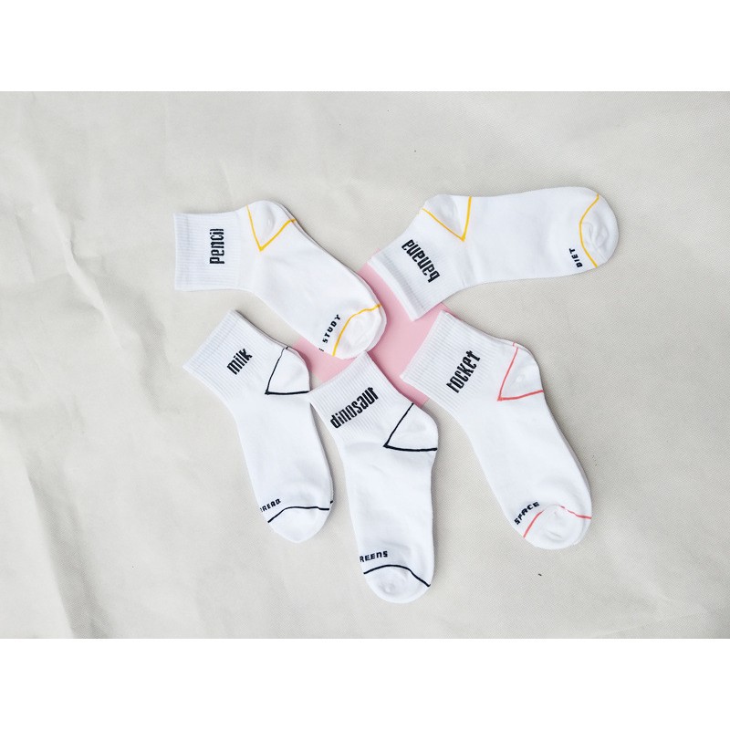 Tất cổ cao nam nữ màu trắng phối kẻ họa tiết hoạt hình chất cotton mềm mại co giãn tốt - T011