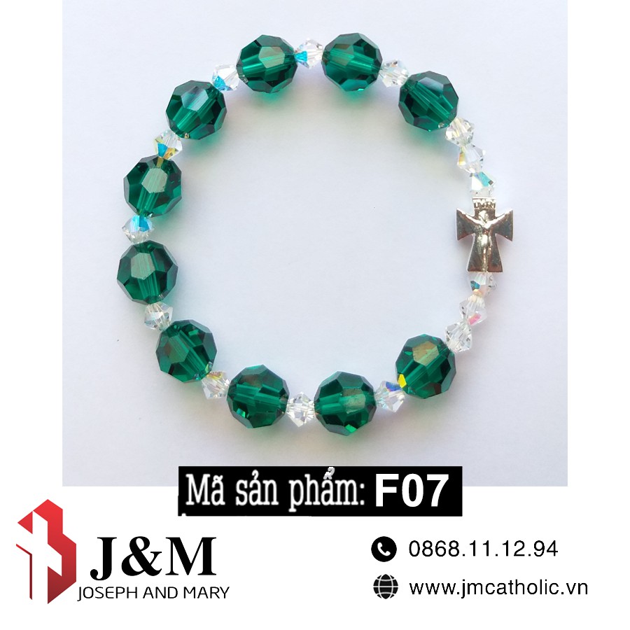 Chuỗi mân côi tràng hạt đeo tay đá pha lê màu xanh Thánh Giá bạc ta sang trọng 10mm