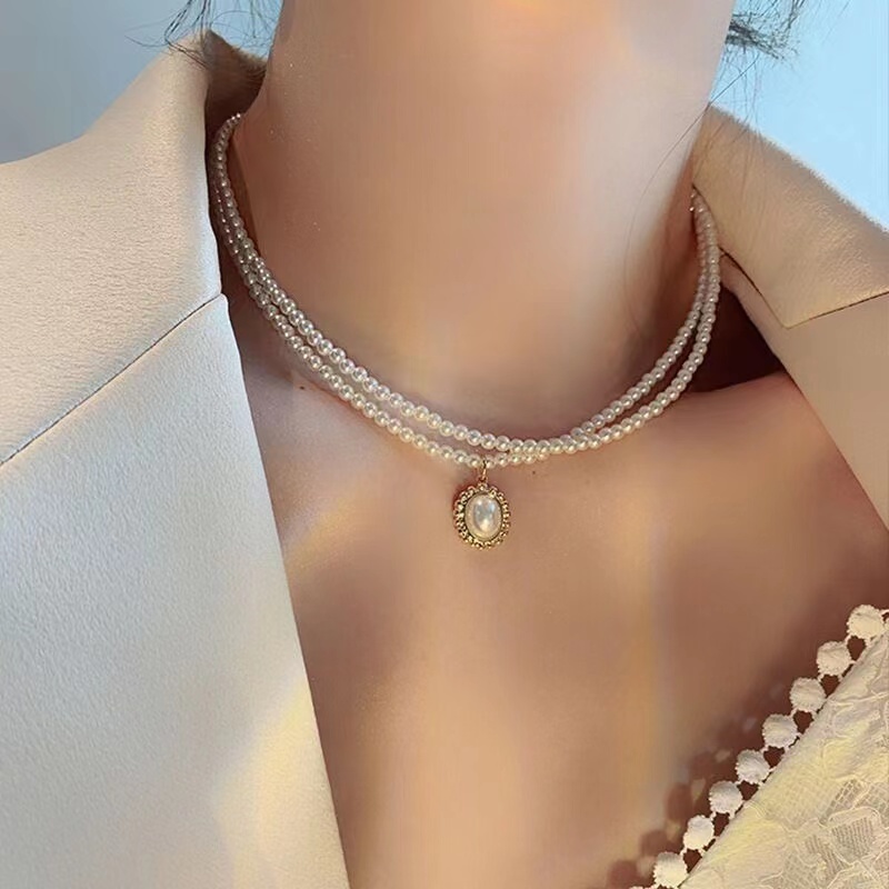 Vòng cổ Hai Lớp Đính Ngọc Trai Phong Cách Cổ Điển Sang Trọng Thời Trang