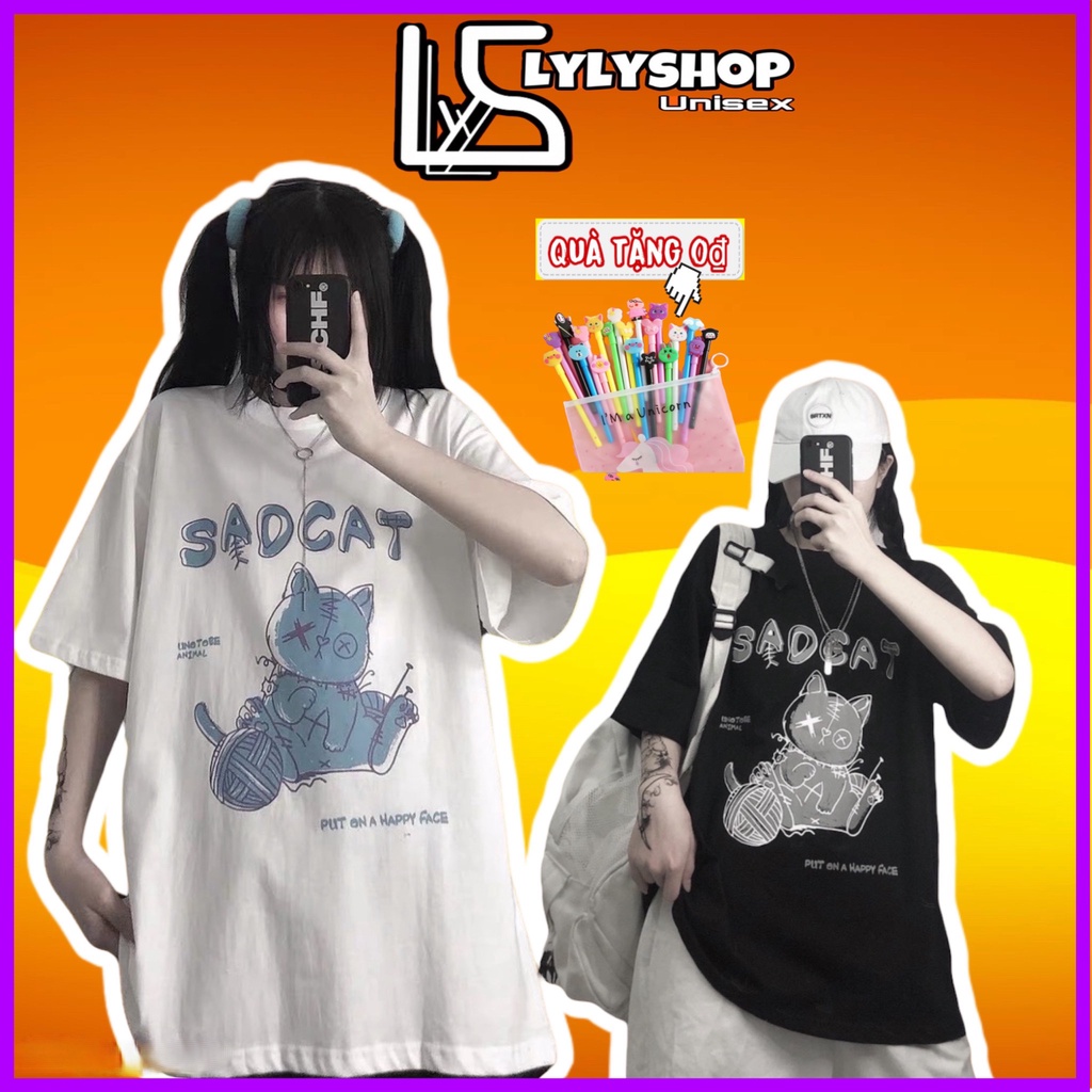 Áo thun tay lỡ Lylyshop, áo phông dáng rộng phong cách unisex nam nữ - ullzang in hình SADCAT