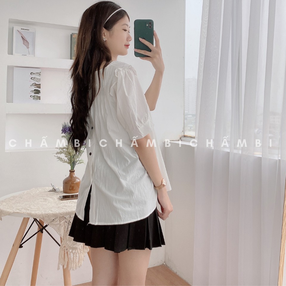 [SALE] Áo Sơ Mi Trắng Cổ Tròn Dáng Babydoll Cộc Tay Hàng Cúc Đen Sau Cực Xinh - A.192