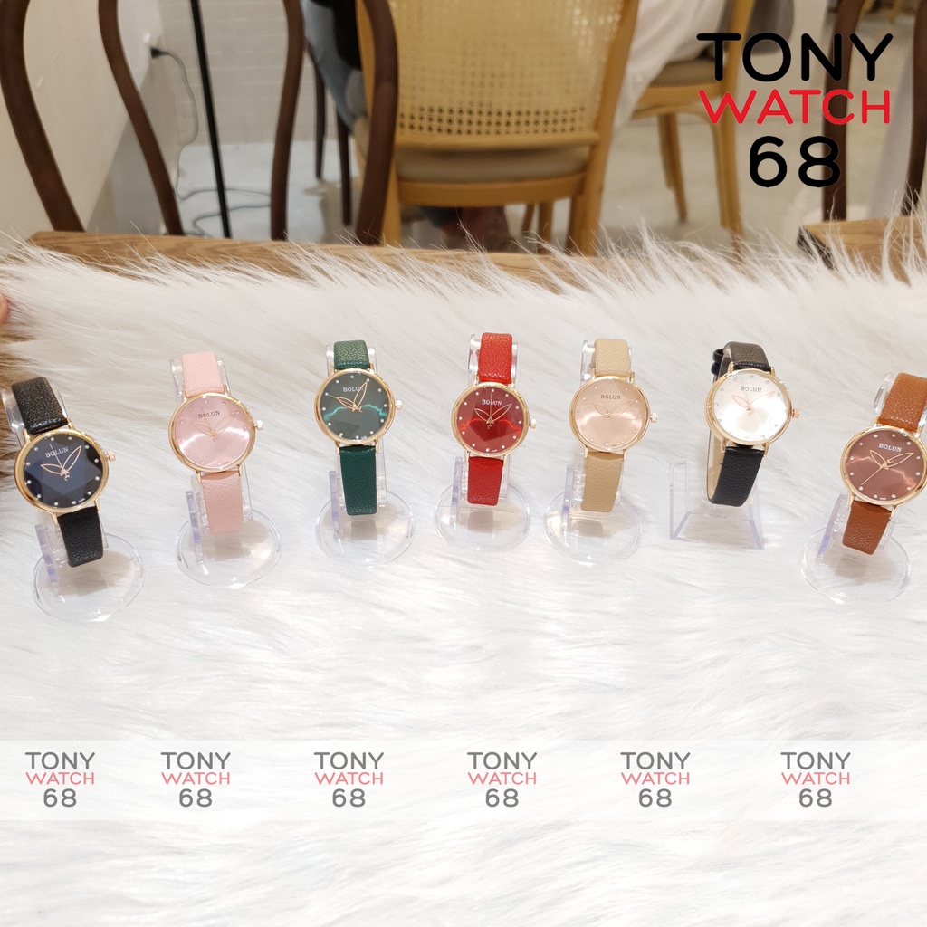 Đồng hồ nữ Bolun dây da kim to mặt kính cánh hoa chính hãng Tony Watch