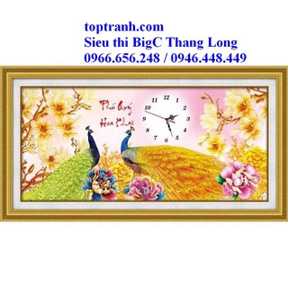 Tranh thêu chữ thập đồng hồ 2 con công vàng phú quý khai hoa 88953 chưa thêu