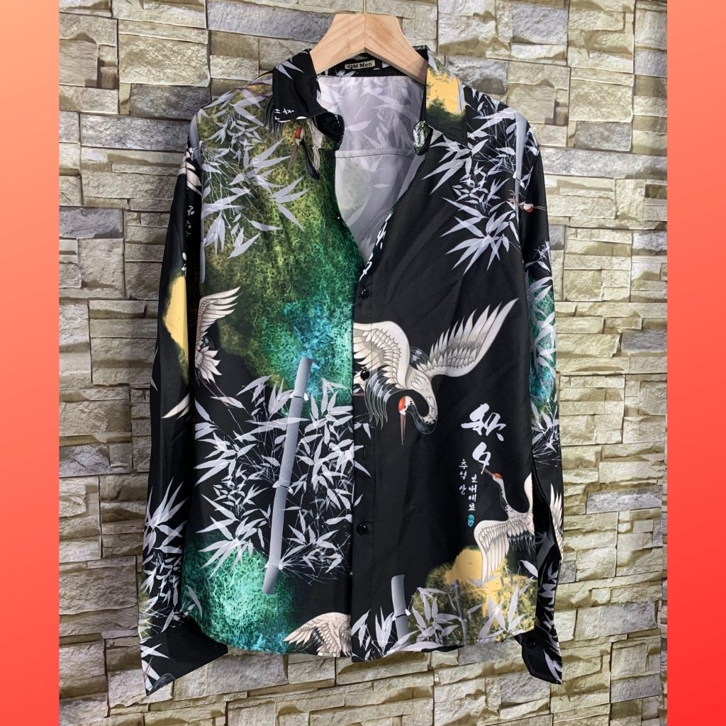 Áo Sơ Mi Nam Dài Tay Phối Họa Tiết Cò Trúc Đen | BigBuy360 - bigbuy360.vn