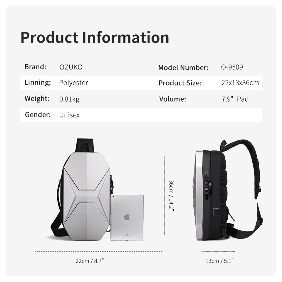 Túi xách đeo chéo vai OZUKO vỏ cứng chống nước có cổng sạc USB thời trang trẻ trung cho nam