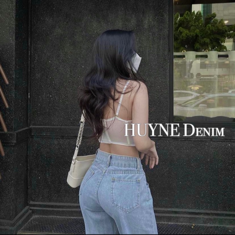 Quần jean nữ ống rộng đai chéo màu xanh nhạt chất mình chuẩn 40-52kg HUYNE Denim