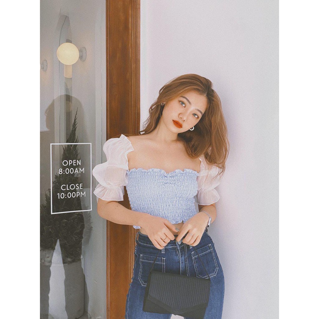 Áo croptop sọc nhún thun tay xốp siêu cute