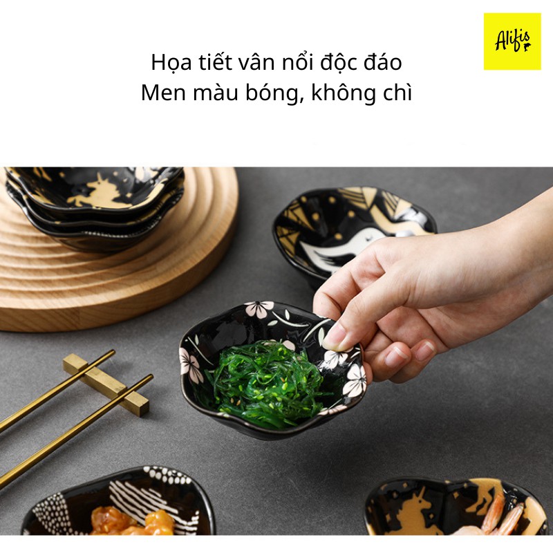 Bộ 4 đĩa gia vị, chén chấm gia vị họa tiết vân nổi phong cách Nhật Bản có hộp đựng - phụ kiện bàn ăn và quà tặng