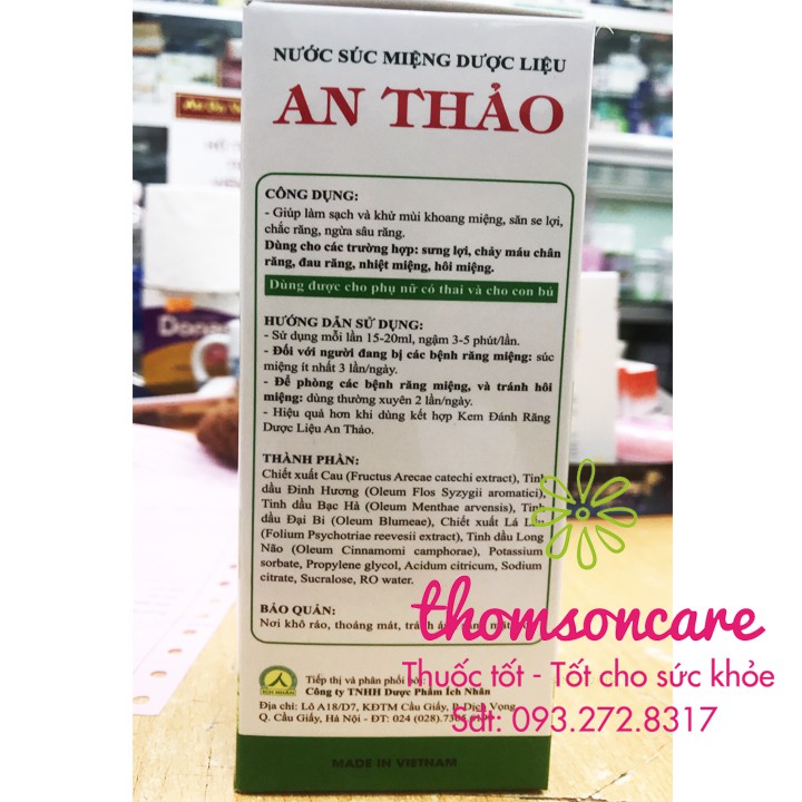 Nước súc miệng An Thảo từ thảo dược, phòng các bệnh răng miệng từ vỏ cau, tinh dầu bạc hà, đinh hương