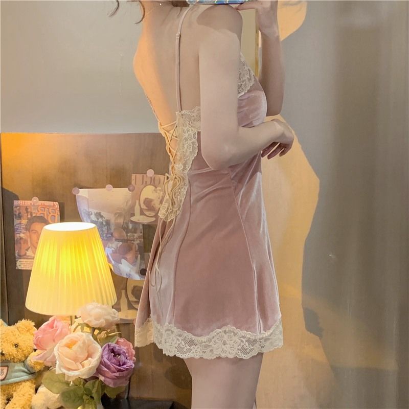 Đầm Ngủ Tay Dài Chất Nhung Phối Ren Phong Cách Hàn Quốc Thời Trang Quyến Rũ Cho Nữ