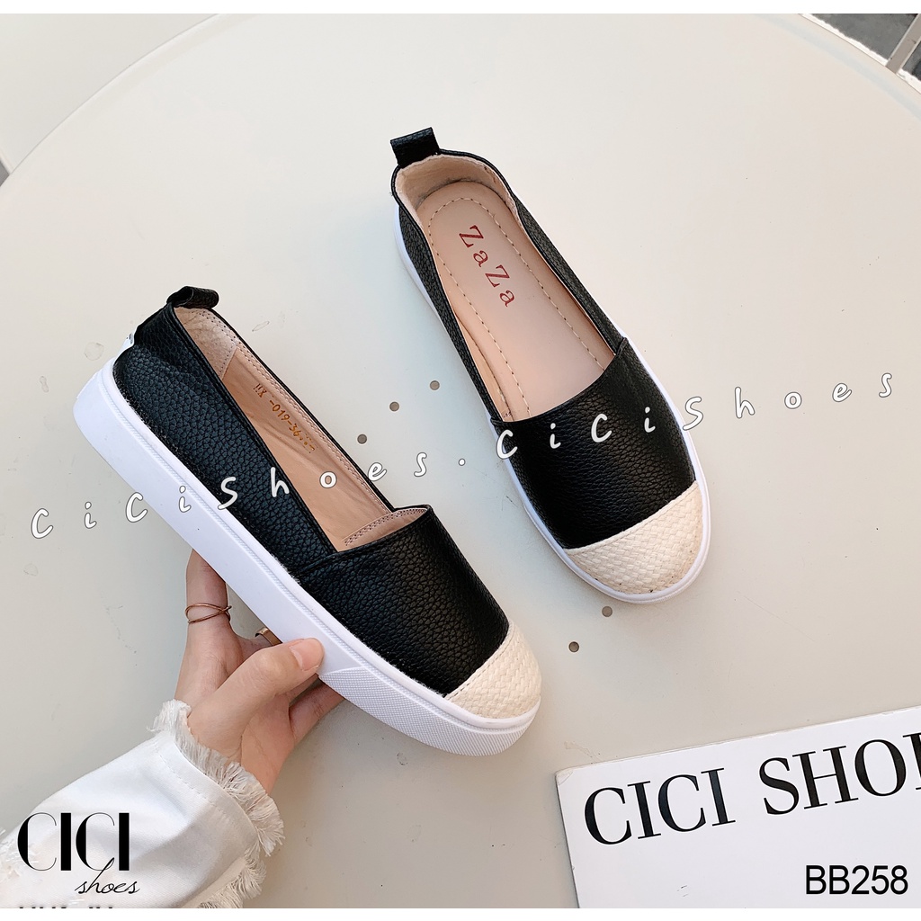 Giày búp bê nữ CiCi Shoes đế bằng 2cm, giầy slip-on da mũi đan len - BB258