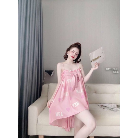 Váy ngủ 2 dây nơ ngực vạt xéo lụa latin