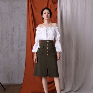 Chân váy midi công sở dáng dài màu xanh rêu chất liệu kaki co giãn cao cấp dành cho nữ