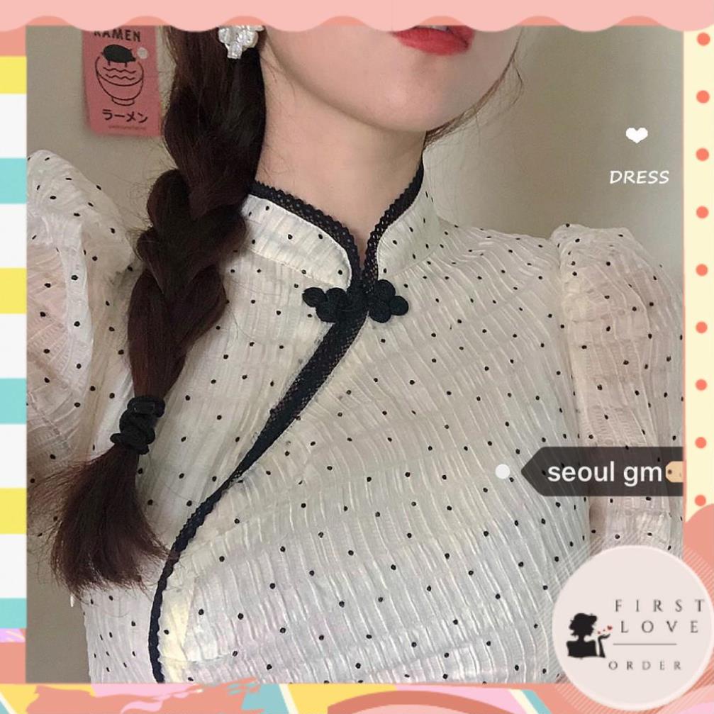 (firstlove ORDER) Váy sườn xám màu trắng chấm bi phối viền đen ôm dáng gợi cảm 01