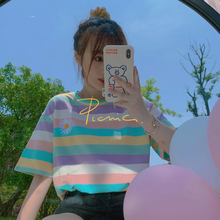 Áo Thun Ngắn Tay Dáng Rộng Thêu Họa Tiết Kẻ Sọc Thời Trang Mùa Hè Hàn Quốc 2022 Mới Cho Nữ