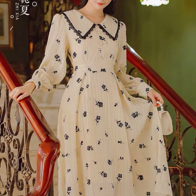 Đầm hoa tiểu thư cổ điển - Đầm thiết kế Quảng Châu cao cấp - Đầm vintage tiểu thư