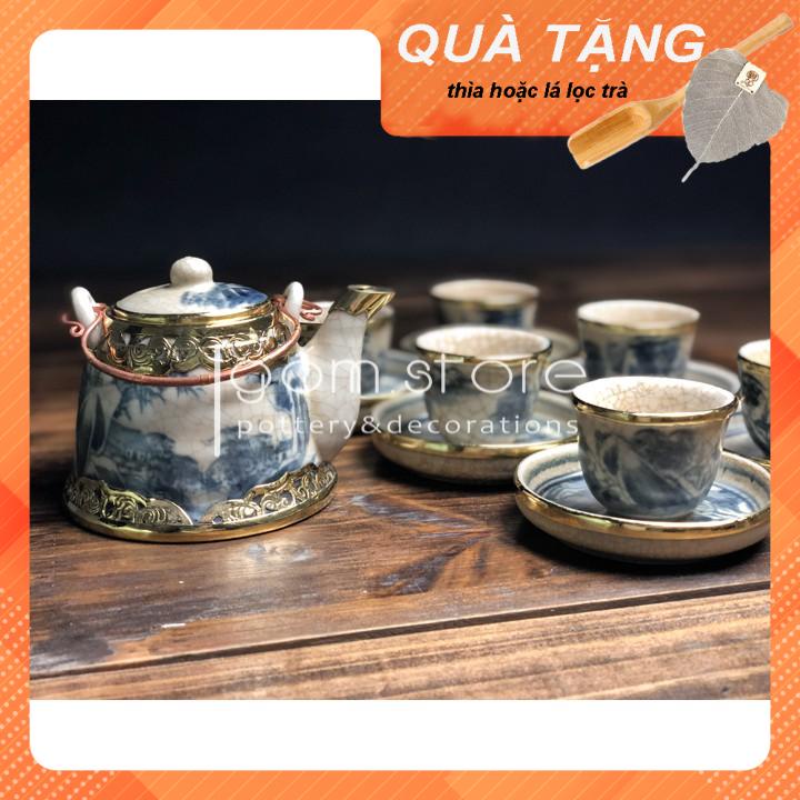 Ấm trà men giả cổ Bát Tràng dáng vuốt bọc đồng (Bộ ấm chén trên không kèm khay như hình)