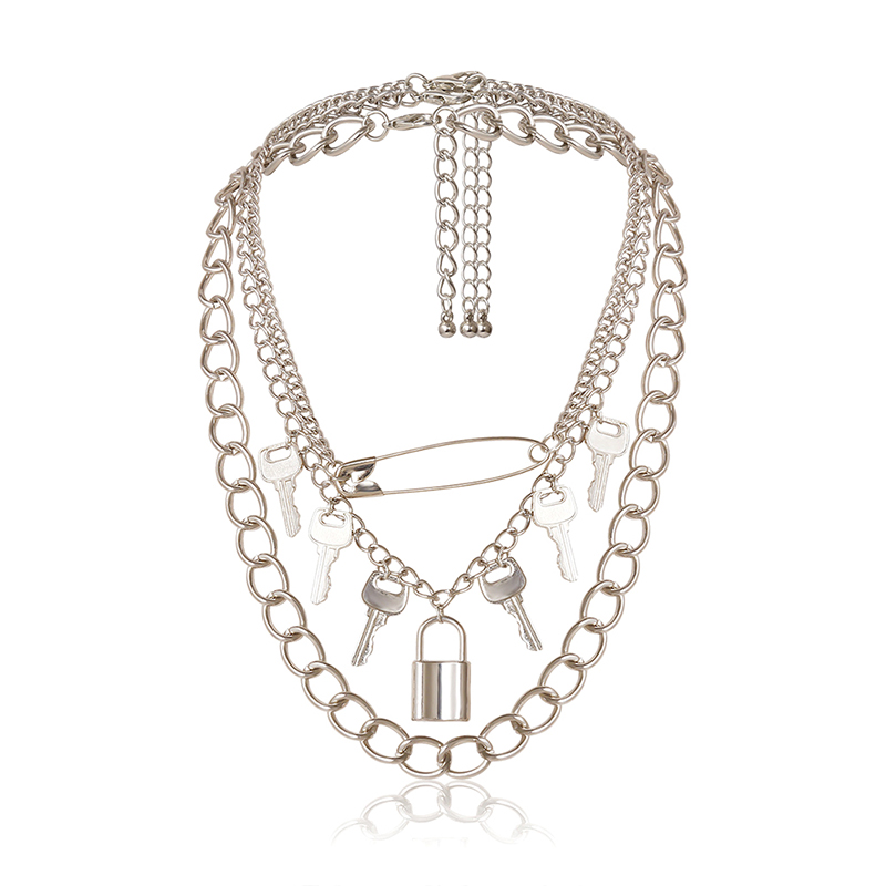 Gothic Big Lock Key Angel Pendant Necklace Punk Hip Hop Choker Necklace Jewelry